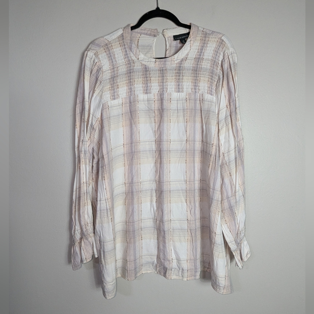 20 Lane Bryant Smocked Shimmer Plaid Top